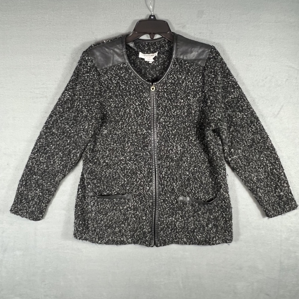 Cathy Daniels Women's Large Black White Boucle Knit Jacket Faux Leather Trim Zip